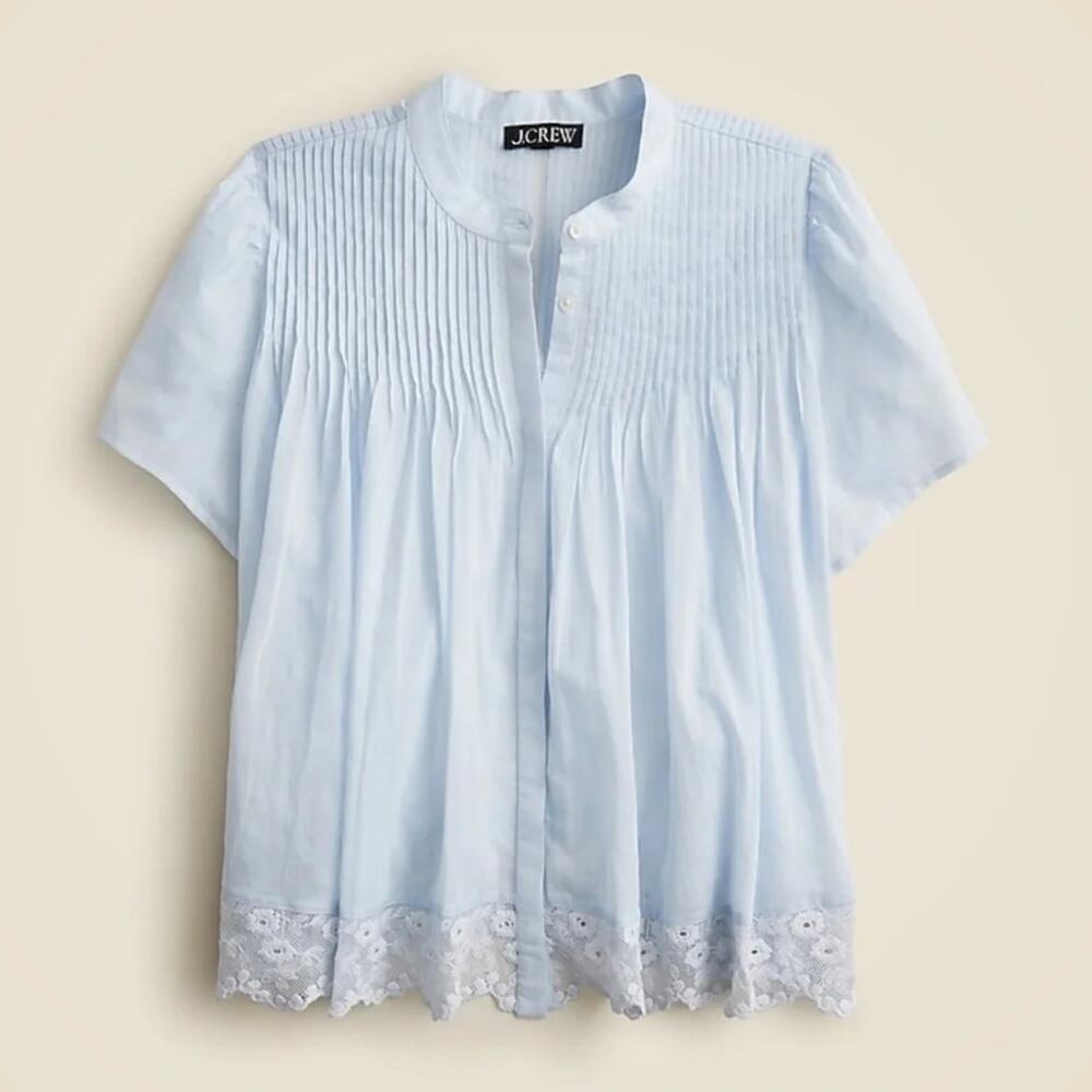 J Crew Lace Trim Pintuck Top In Cotton Voile Small Light Blue